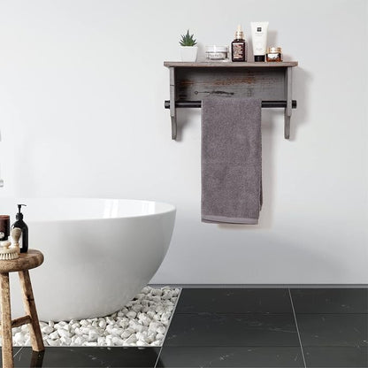 Wall Mounted Bathroom Towel Rack Torched Wood Rustic Brown Hanging Floating Shelf Industrial Black Metal Pipe Bar Restroom Organizer Robe Shampoo Body Wash Holder Clothing Kitchen Storage Home