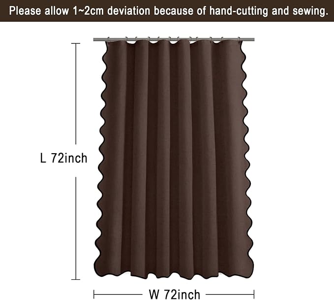 Scalloped Shower Curtain Linen Boho Flax Brown 72" W x 72" L | Linen Fabric, Black Border, Washable, Heavy Duty Cloth, Shower Curtain for Boho Farmhouse Bathroom Bathtub