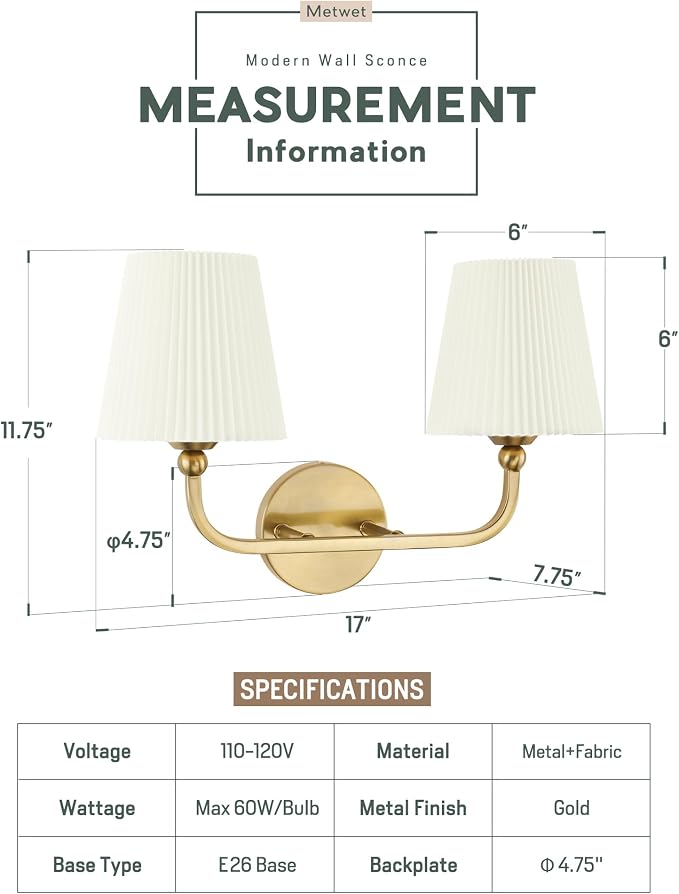 2-Light Gold Bathroom Vanity Light, Beige Pleated Fabric Shade | 17" 2-light gold double wall sconce with beige pleated fabric shades, E26 bulbs, hardwired, upward only, VL837-BG-Z-B-2