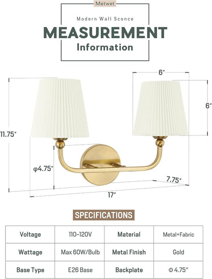 2-Light Gold Bathroom Vanity Light, Beige Pleated Fabric Shade | 17" 2-light gold double wall sconce with beige pleated fabric shades, E26 bulbs, hardwired, upward only, VL837-BG-Z-B-2