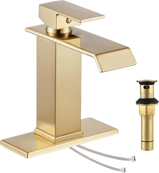 Gold Waterfall Bathroom Sink Faucet, Brushed Gold Finish, Single Handle, 1 or 3 Hole Installation, Metal Pop Up Drain, 23.6-inch Hoses, 3/8 Inch Compression Threads