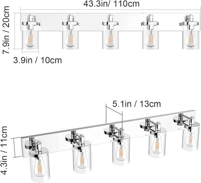 Aipsun Chrome Bathroom Light Fixtures 5 Light Bathroom Vanity Light Stainless Steel with Clear Glass Shade(Exclude Bulb)