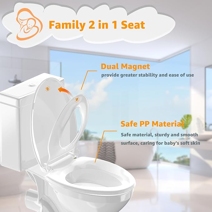Potty Training Seat Built-in Toilet Seat, Elongated Toilet Seat 16.5inch with Baby Seat 2 in 1 Soft Close Quiet No Slapping, Magnetic Absorption, Easy Installation for Bottom Fixing Toilet