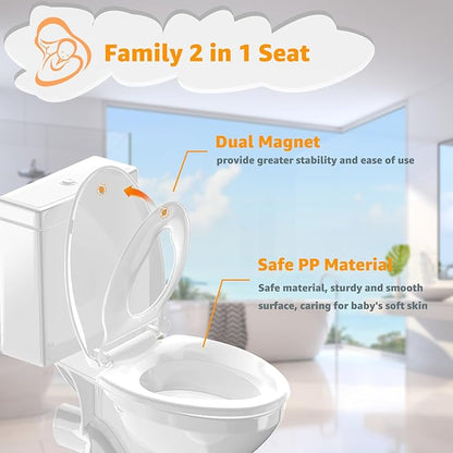 Potty Training Seat Built-in Toilet Seat, Elongated Toilet Seat 16.5inch with Baby Seat 2 in 1 Soft Close Quiet No Slapping, Magnetic Absorption, Easy Installation for Bottom Fixing Toilet