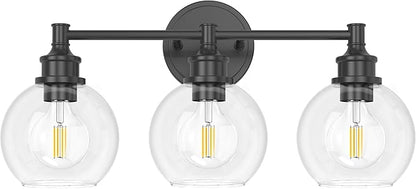 Bathroom Light Fixtures, 3-Light Matte Black Vanity Light Globe Glass Shades, Bathroom Lighting Fixtures Over Mirror, Wall Sconces for Master Bathroom, Guest Bathroom, Powder Room, 20-inch
