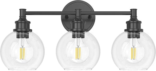 Bathroom Light Fixtures, 3-Light Matte Black Vanity Light Globe Glass Shades, Bathroom Lighting Fixtures Over Mirror, Wall Sconces for Master Bathroom, Guest Bathroom, Powder Room, 20-inch