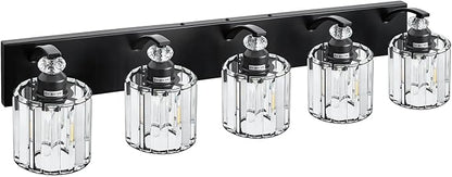 5-Light Black Bathroom Light Fixture Modern Vanity Lights Over Mirror Vintage Wall Sconce Lighting for Bathroom, Bedroom, Living Room, Hallway E26 Base with Crystal Bathroom Vanity Light