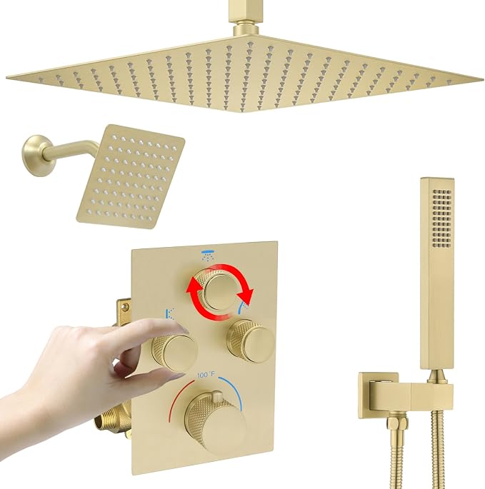 Dual Shower Heads Shower System with 16" Ceiling Mounted Rain Shower Head & 6" Wall Mounted Head Full Body Shower System 3 Way Thermostatic Shower Valve Can All Run Together, Brushed Gold