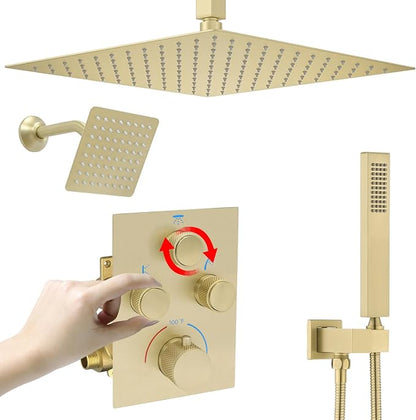 Dual Shower Heads Shower System with 16" Ceiling Mounted Rain Shower Head & 6" Wall Mounted Head Full Body Shower System 3 Way Thermostatic Shower Valve Can All Run Together, Brushed Gold