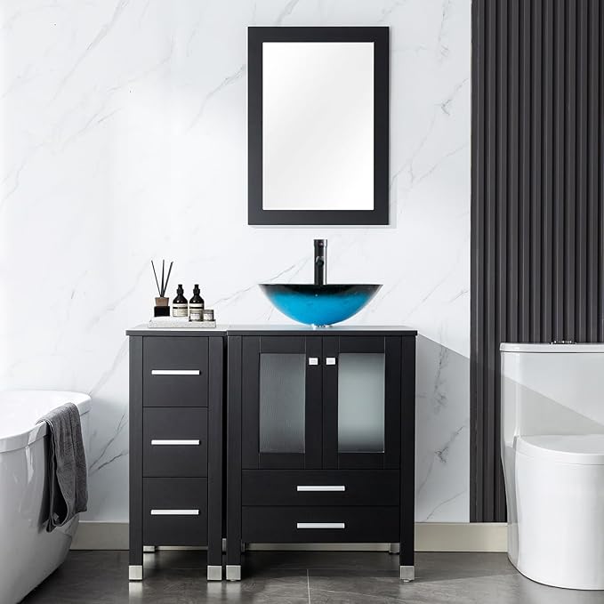 LUCKWIND 36" Bathroom Vanity Combo with Sink, 24"+12.6" Width, Painted Bathroom Storage Cabinet with 5 Drawers, Including Turquoise Square Sink Without Mirror, Black