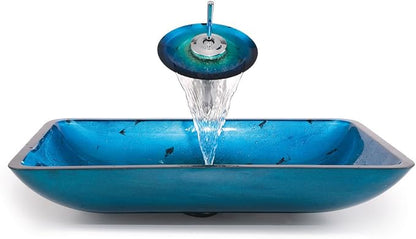 Kraus Irruption Blue Rectangular Glass Vessel Bathroom Sink with PU Satin Nickel