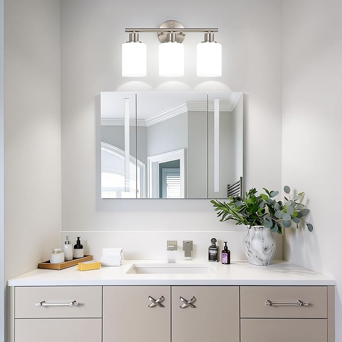 Zarbitta 3-Light Bathroom Light Fixtures, Brushed Nickel Vanity Light, Farmhouse Wall Lights with Milky White Frosted Glass Shades, Bathroom Wall Lamp for Mirror Kitchen Bedroom Hallway Living Room