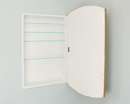 Fox Hollow Furnishings 20x30 Harper Crescent Metal Framed Rectangle Recessed Bathroom Medicine Cabinet, Arced Mirror, 14x18 in-Wall Opening, Adjustable Glass Shelves, Magnet Close, Gold