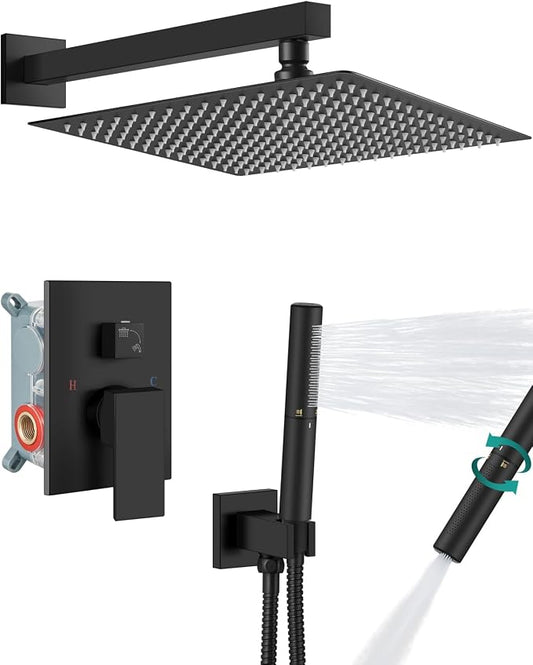 Aolemi Shower System with Rain Head and Handheld,16-Inch,Matte Black | High-Pressure Shower Faucet Set with Dual-Function Handheld,Rough-In Valve,1.8 GPM,Wall-Mount Trim Kit