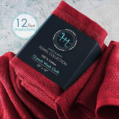 Hearth & Harbor Washcloths 12 Pack - 100% Cotton Washcloth for Body and face, High Absorbent and Soft 13"x13" Body Wash Cloth, Quick Dry - Red Washcloths