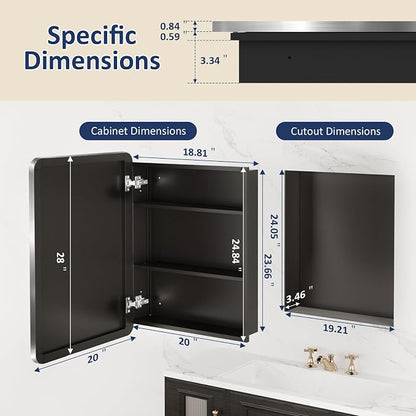 Medicine Cabinet Mirror 20x28 Inch, Brushed Nickel Bathroom Mirror Cabinet with Stepless Adjustable Shelves, Stainless Steel Frame, Bathroom Mirror with Storage Recessed or Wall Mount
