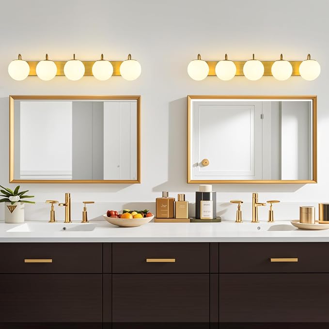 5 Lights Vintage Bathroom Vanity Light Fixtures Over Mirror, Brushed Gold Vanity Lights For Bathroom With Milk White Glass Globe Shade, Wall Lights For Bedroom, Hallway, Dressing Table(G9 Incl.)