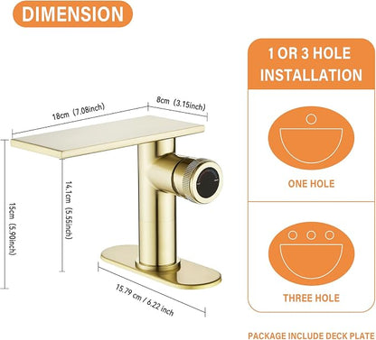 becola Modern Brushed Gold Bathroom Faucet，Waterfall Faucet for Bathroom Sink，Single Hole Cold and Hot Basin Mixer Tap，Single Handle Vanity Faucet with Adjust Knobs and Deck Plate