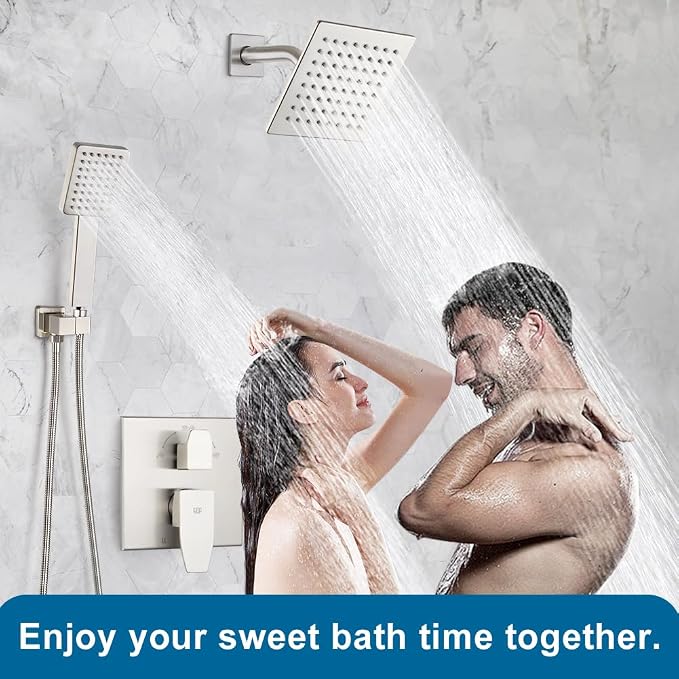 Shower Faucet Set Brushed Nickel 6 Inch Thickened Shower Head and Handle Set Shower System Wall Mounted Shower Fixture Include Shower Valve and Trim Kit