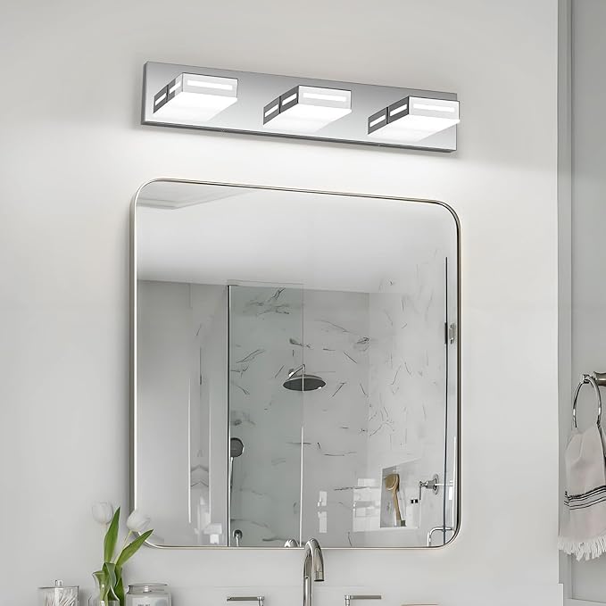 LED Modern Bathroom Light Fixtures, 3-Light 24-Inch Chrome Vanity Lights for Bathroom Lighting Fixtures Over Mirror, 350° Rotatable Acrylic, 6000K Cool White Wall Lamp