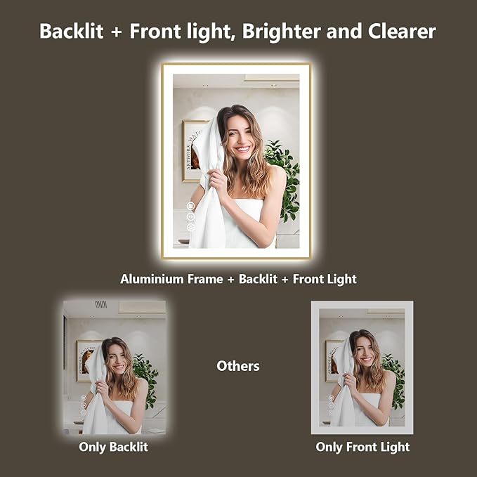 40x38 Inch LED Bathroom Mirror with Lights (Front Lit and Backlit) Gold Framed Lighted Vanity Mirror for Bathroom Wall Dimmable Anti-Fog Memory Tempered Glass Horizontal/Vertical