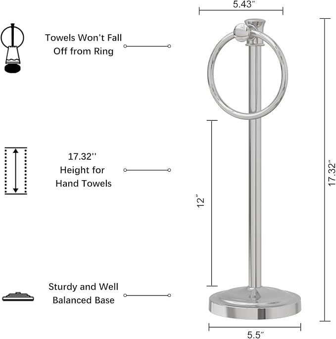 Hoimpro Hand Towel Holder Free Standing Towel Bar Polished Chrome | Hanging Floor Hand Towel Rack Ring,for Bathroom Kitchen Vanity Countertops, Hardware Accessories SUS 304 Heavy-Duty Base