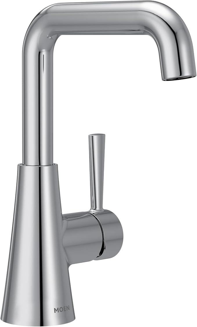 Moen Ronan Chrome Double Bend Single Hole Modern Bathroom Sink Faucet with Optional Deckplate and Spring Loaded Drain Assembly, 84024