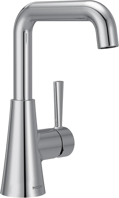 Moen Ronan Chrome Double Bend Single Hole Modern Bathroom Sink Faucet with Optional Deckplate and Spring Loaded Drain Assembly, 84024
