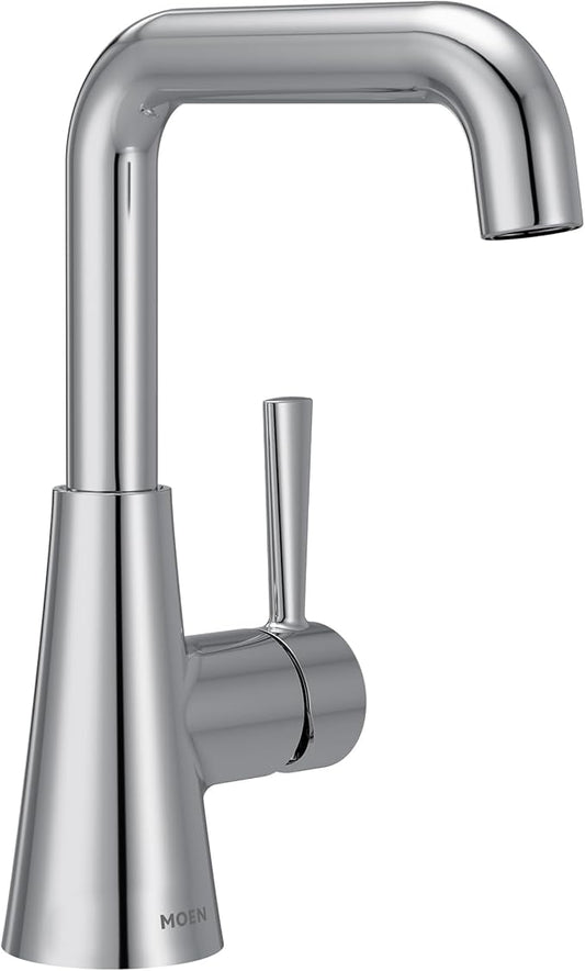 Moen Ronan Chrome Double Bend Single Hole Modern Bathroom Sink Faucet with Optional Deckplate and Spring Loaded Drain Assembly, 84024