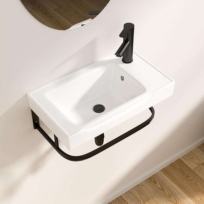 Logmey 19 Inch Wall Mount Bathroom Sink 19-1/2"x11" Rectangule Floating Sink White Porcelain Ceramic Wall Mounted Vessel Sink Wash Hand Basin with Bracket