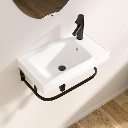 Logmey 19 Inch Wall Mount Bathroom Sink 19-1/2"x11" Rectangule Floating Sink White Porcelain Ceramic Wall Mounted Vessel Sink Wash Hand Basin with Bracket
