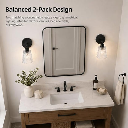 1-Light Black Bathroom Vanity Wall Sconces, 2-Pack Modern Fixtures with Textured Glass Shades and Stainless Steel Frame, E26 Sockets (Bulbs Not Included)