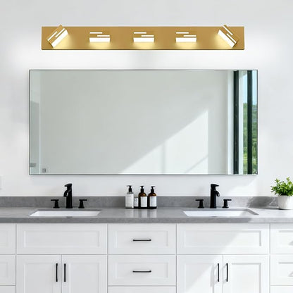 LED Modern Bathroom Vanity Light Fixtures, 5-Light 34-inch Dimmable Gold Vanity Lights for Bathroom Lighting Fixtures Over Mirror, with 350° Rotatable Heads (Cool White 6000K)
