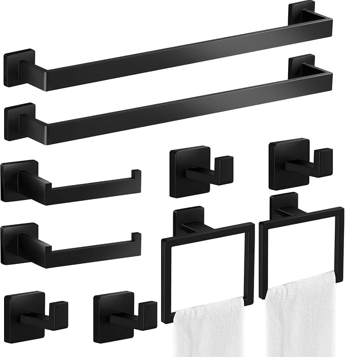 10-Piece Matte Black Bathroom Hardware Set, 16" Towel Bar Set, Modern Square Bathroom Accessories Kit with 2 Toilet Paper Holders, 2 Towel Rings, 4 Robe Hooks Bathroom Accessories