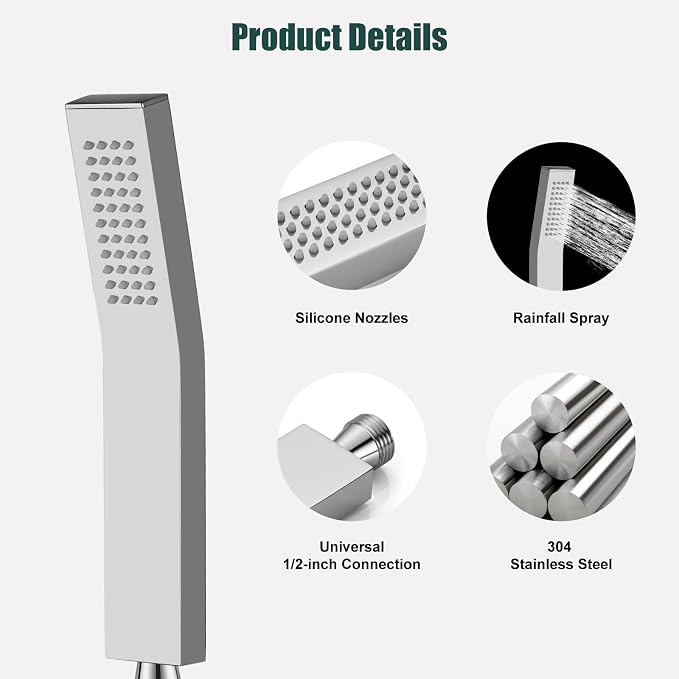 Heyalan Hand-held Shower Head Set-SUS304 Handheld Shower,Polish Chrome | SUS304 stainless steel wand, curved-style design, single rain spray, 59-inch long hose and standard 1/2-inch connection