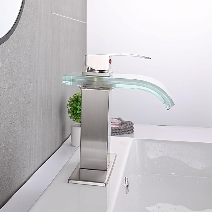 LED Bathroom Sink Faucet, Brushed Nickel Waterfall Single Hole Handle Vanity Faucets for Sinks 1 Hole with Metal Pop Up Drain and 2 Water Supply Lines, Wide Glass Spout