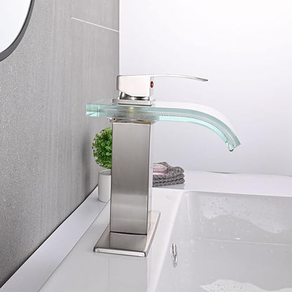 LED Bathroom Sink Faucet, Brushed Nickel Waterfall Single Hole Handle Vanity Faucets for Sinks 1 Hole with Metal Pop Up Drain and 2 Water Supply Lines, Wide Glass Spout