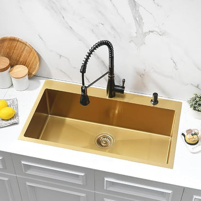 Gold Kitchen Sink, 33x19 Drop In Kitchen Sink Stainless Steel | Top Mount Kitchen Sink 16 Gauge Stainless Steel Deep Single Bowl Sink with Drain Assembly