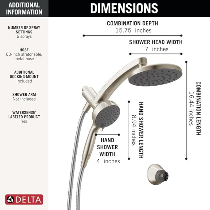 Delta 6-Setting PivotPro 3-in-1 Combination Shower Head with ProClean Spray, Brushed Nickel Round Shower Head Rainfall with Handheld Spray, 1.75 GPM, SpotShield Brushed Nickel 75648SN