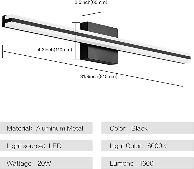 SOLFART Bathroom Vanity Light Matte Black 32 Inch LED Lights for Bathroom 6000K Wall Light Fixtures ND