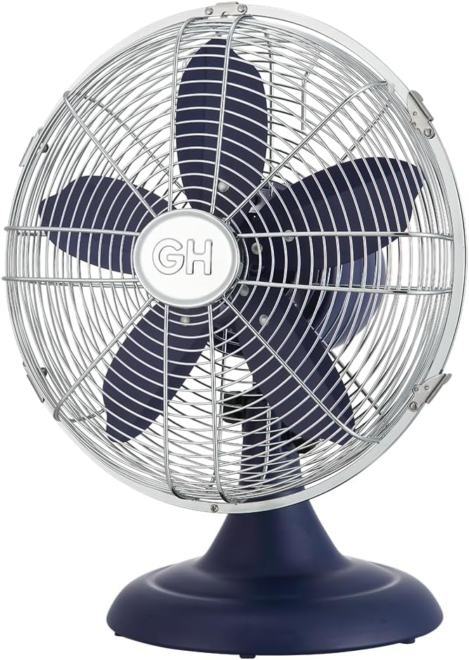 Good Housekeeping 92618 All-Metal 12" Retro Desk Office Table Fan with Wide Oscillation, 3-Speed Settings & Carrying Handle, Maritime Blue