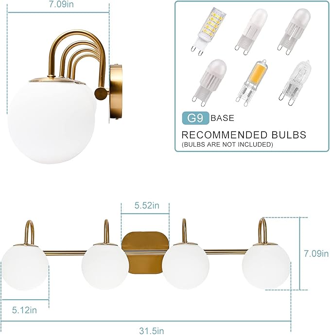 New Bathroom Vanity Light Fixtures 4-Lights Brushed Brass Frame and Milk White Glass Globe Shade Modern Wall Sconce Lighting Bath Vanity Lights Bar Over Mirror (Exclude G9 Bulb)