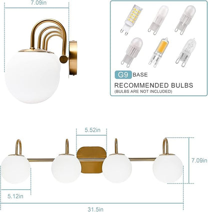 New Bathroom Vanity Light Fixtures 4-Lights Brushed Brass Frame and Milk White Glass Globe Shade Modern Wall Sconce Lighting Bath Vanity Lights Bar Over Mirror (Exclude G9 Bulb)