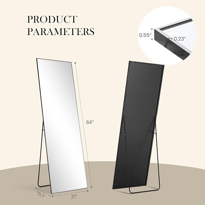 NEWBULIG Full Length Floor Mirror 64"x21", Body Standing Mirror | Wall Hanging or Leaning, Shatter-Proof Glass, Aluminum Alloy Frame with Stand, Home Decor Bedroom, Black