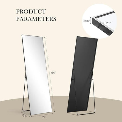 NEWBULIG Full Length Floor Mirror 64"x21", Body Standing Mirror | Wall Hanging or Leaning, Shatter-Proof Glass, Aluminum Alloy Frame with Stand, Home Decor Bedroom, Black