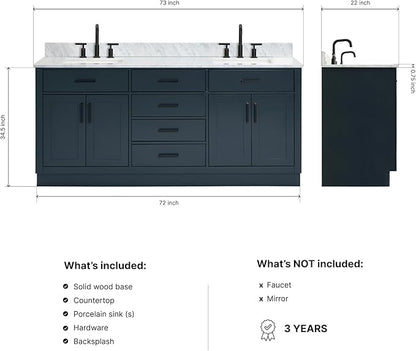 ARIEL Hepburn 72-inch Bathroom Vanity with Sink,Solid Wood, 0.75-inch Italian Carrara Marble Countertop, Double Rectangular Porcelain Sink, 4 Soft Closing Doors, 6 Dovetail Drawers, Midnight Blue