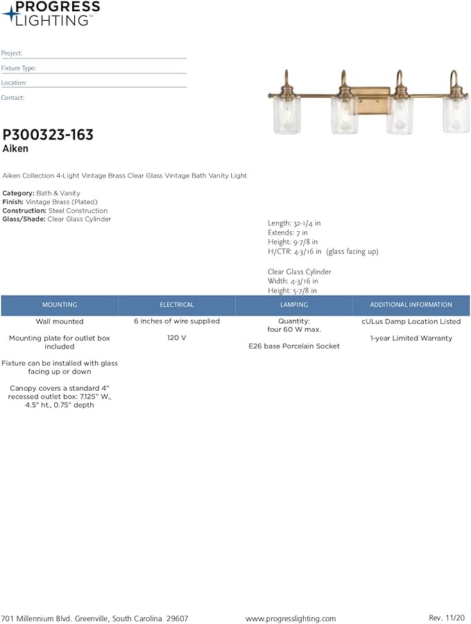 Progress Lighting Aiken Collection 4-Light Vintage Brass Clear Glass Vintage Bath Vanity Light