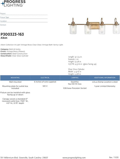 Progress Lighting Aiken Collection 4-Light Vintage Brass Clear Glass Vintage Bath Vanity Light