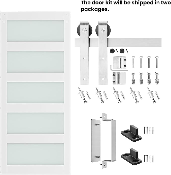 36'' x 84'' Glass Barn Door and 6.6FT Brushed Nickel Hardware Kit | MDF White Barn Door Slab with Frosted Glass, PVC Surface, Combined with Handle and Floor Guide-Assembly Required