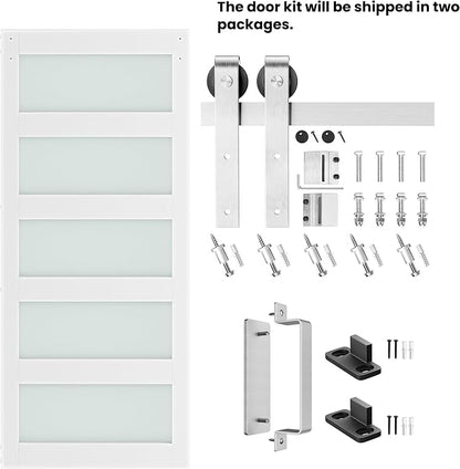 36'' x 84'' Glass Barn Door and 6.6FT Brushed Nickel Hardware Kit | MDF White Barn Door Slab with Frosted Glass, PVC Surface, Combined with Handle and Floor Guide-Assembly Required